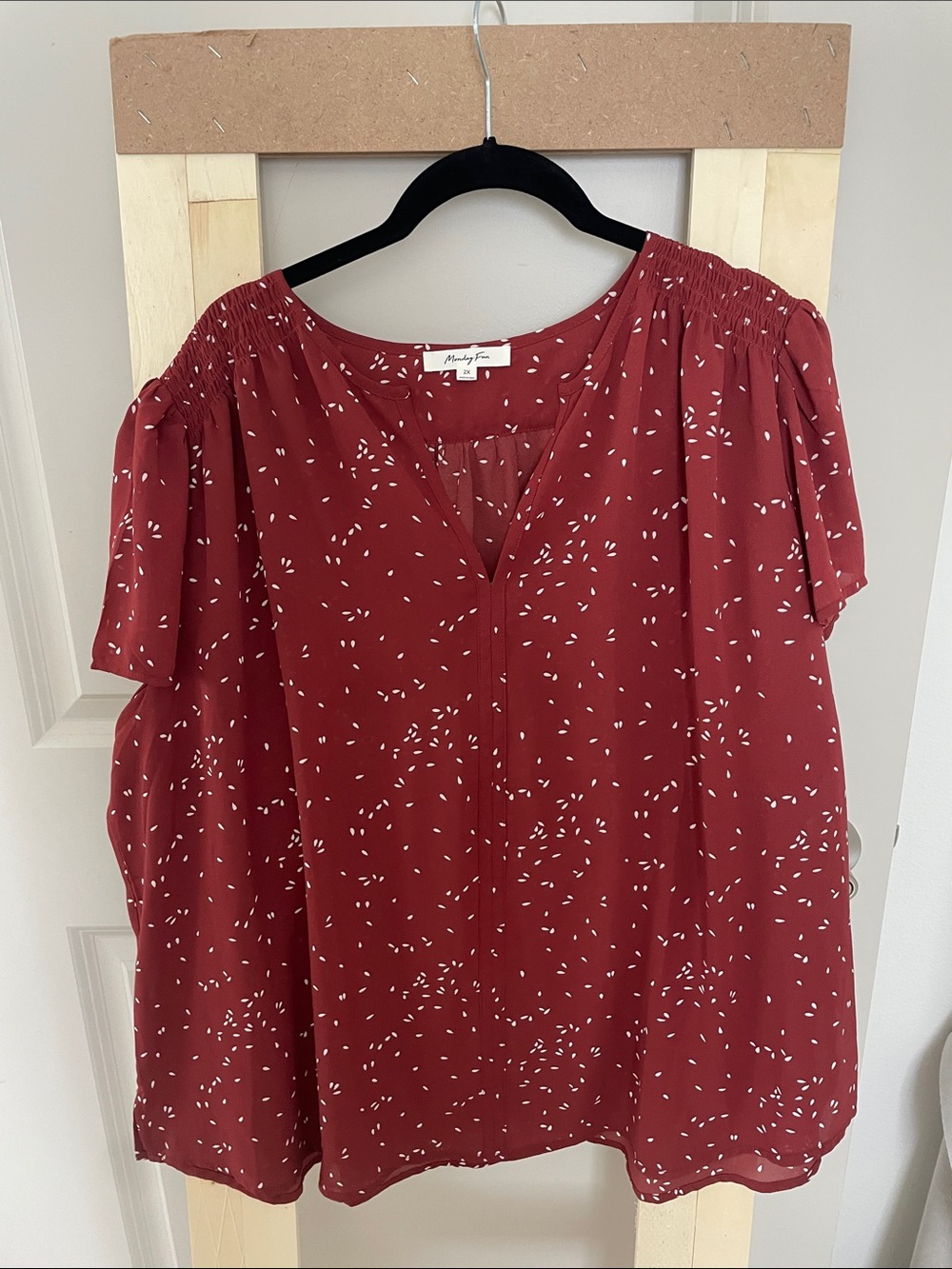 Smocked-Shoulder Burgundy V-Neck Blouse with White Dot Print